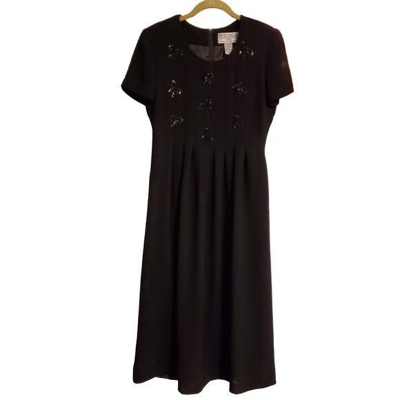 Vintage 80s 90s Short Sleeve A Line Midi Dress Black Bow Gothic Twee Whimsygoth - Picture 1 of 7